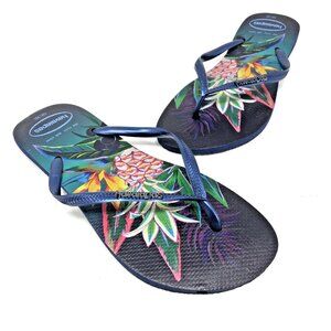 Havaianas Sandals Womens 11 Green Multi Tropical Floral Slim Fit Thong Flip Flop